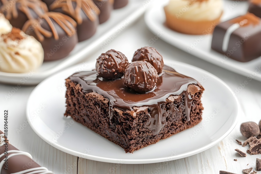 Chocolate brownie dessert, ganache, truffles, sweets, white wood background, food photography Chocolate brownie dessert, ganache, truffles, sweets, white wood background, food photography