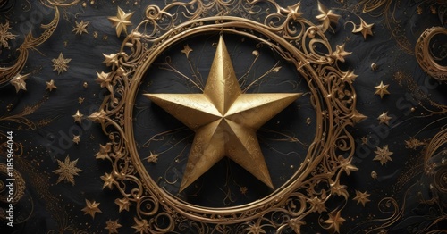 A dark-colored Christmas greeting banner featuring intricate gold swirl patterns and shiny star designs on a black canvas, Christmas banner, Star decorations, Dark colors