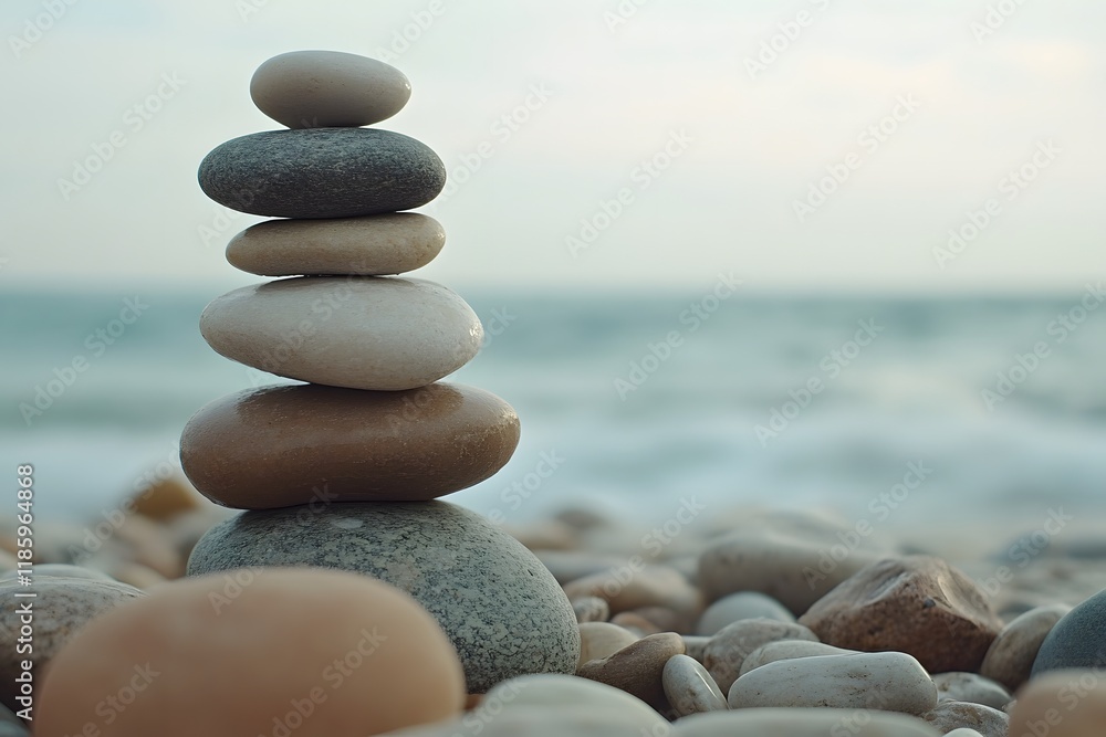 Balanced beach stones, ocean backdrop, serenity Balanced beach stones, ocean backdrop, serenity