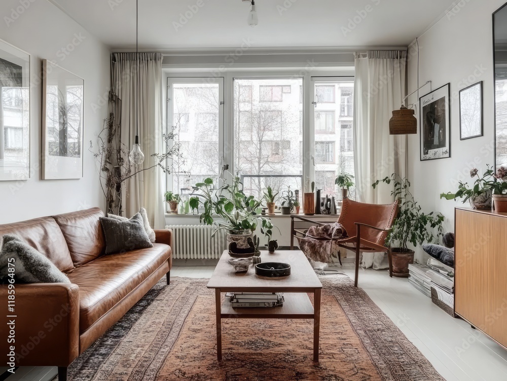 Fototapeta premium Scandinavian Living Room With Leather Sofa And Plants