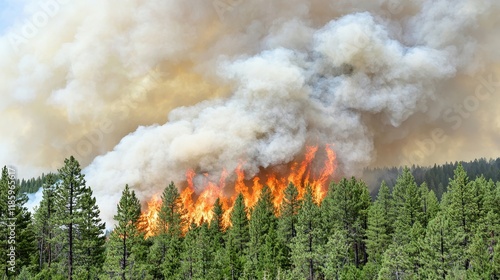A wildfire engulfs a forest, with flames and smoke rising dramatically against a backdrop of trees and sky.