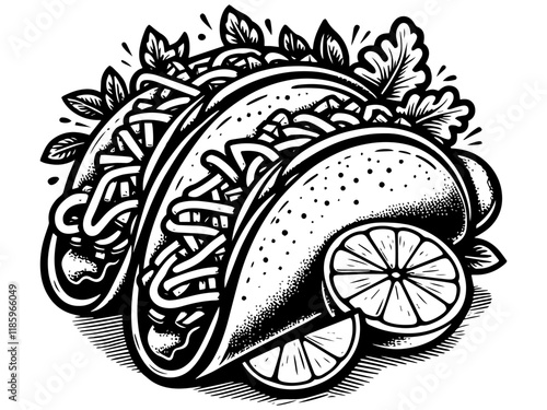 Tacos with Lime engraving vector illustration