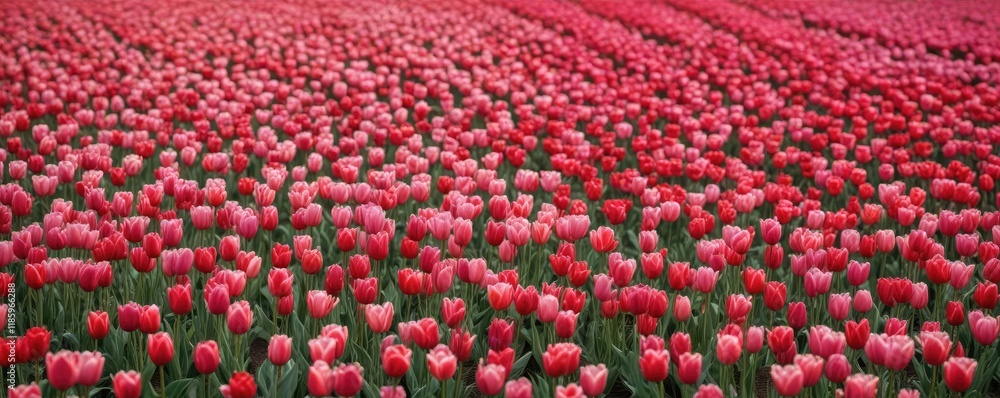 Fototapeta premium a field of tulips with varying shades of red and pink hues, natural landscape, tulip flowers