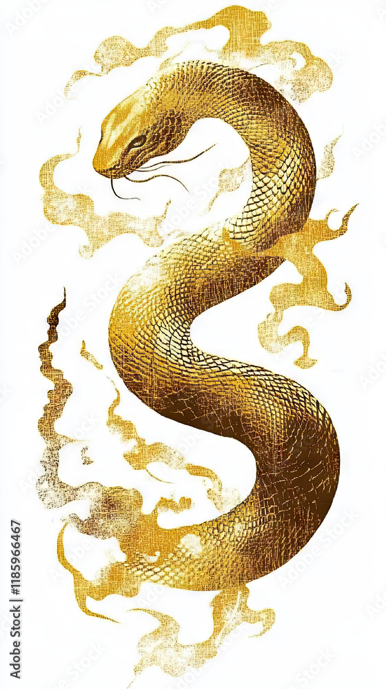 Fototapeta premium Golden Dragon or Golden Snake illustration design, minimalist, graphic design, clear scales, writhing body, white background, gold foil paper brush marks