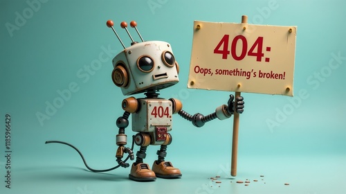 Robot holding a sign indicating a 404 error while standing on a turquoise background