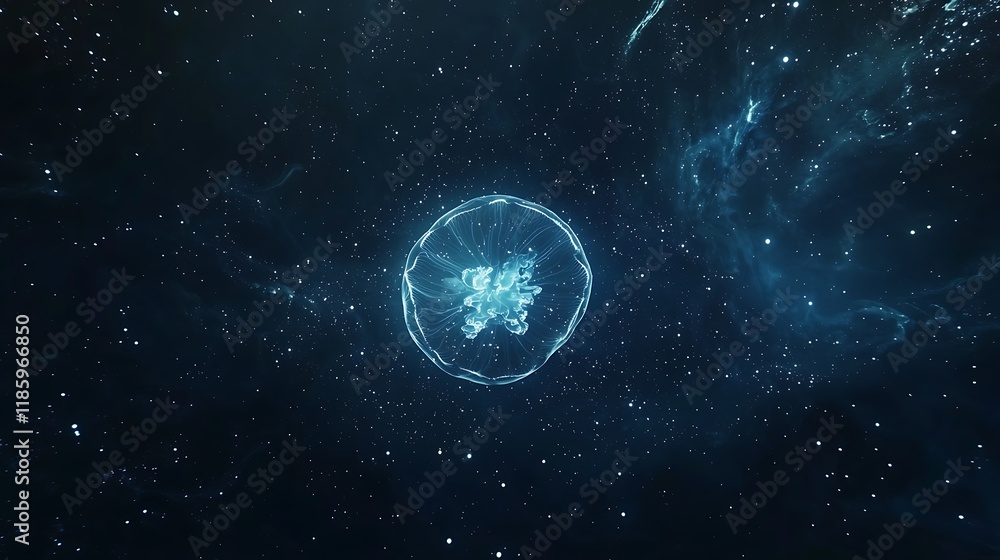 Obraz premium A blue and white space with a large, glowing orb in the center