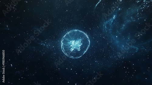 A blue and white space with a large, glowing orb in the center