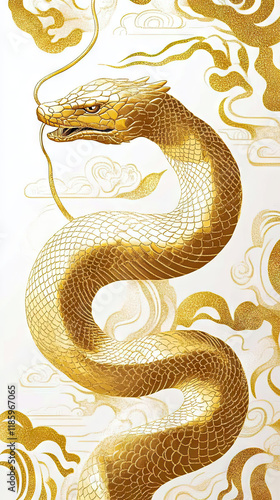 Dragon orSnake illustration design, minimalist, graphic design, clear scales, writhing body, gold foil paper brush marks