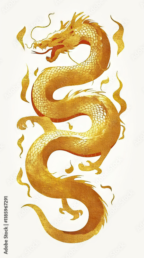 Fototapeta premium Dragon orSnake illustration design, minimalist, graphic design, clear scales, writhing body, gold foil paper brush marks