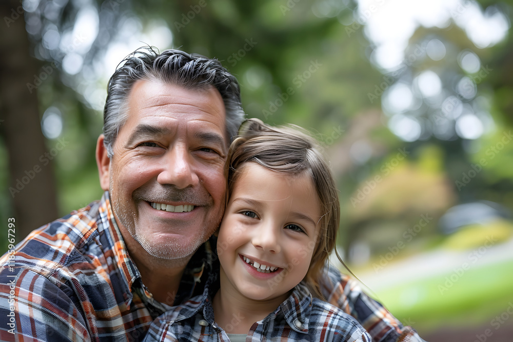 A man and his daughter smiling while posing for a picture in a park A man and his daughter smiling while posing for a picture in a park