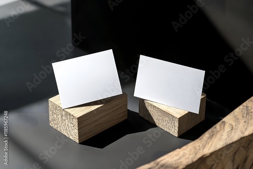 Blank cards, wooden holders, sunlight, dark background, mockup