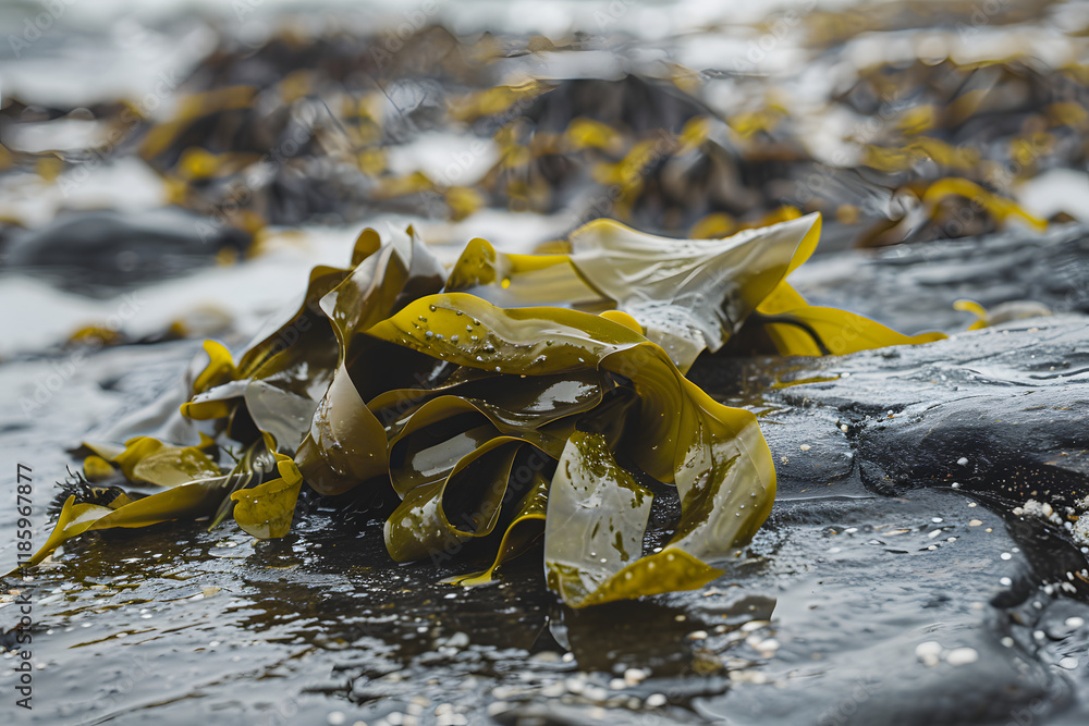 Fresh kelp on rugged coastal rocks, glistening in the ocean spray