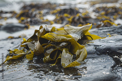 Obraz na płótnie Fresh kelp on rugged coastal rocks, glistening in the ocean spray w salonie