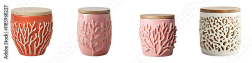 Assortment of decorative ceramic vases and pots in modern organic patterns and pastel colors like coral pink and white  Handmade artisan pottery pieces in various shapes and sizes photo