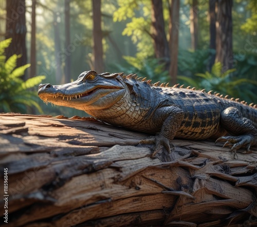 A large alligator basking in the sun on a cypress log, wildlife, nature, Florida photo