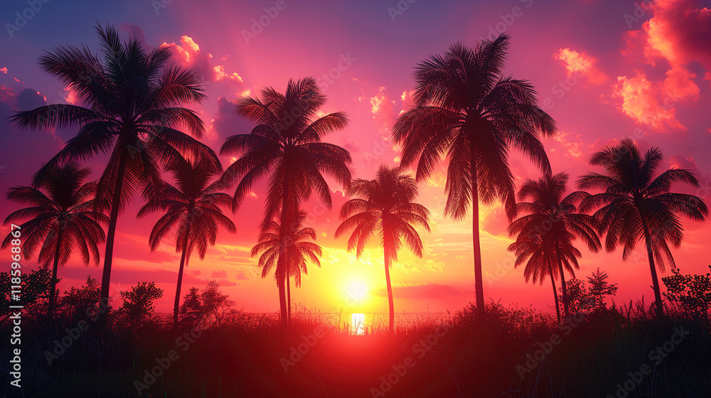 The Beauty of sunset palm trees of the evening sky tropical backdrop The Beauty of sunset palm trees of the evening sky tropical backdrop