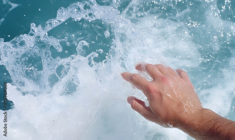 Fototapeta premium Touching the waves with your hands in the sea, Generative AI