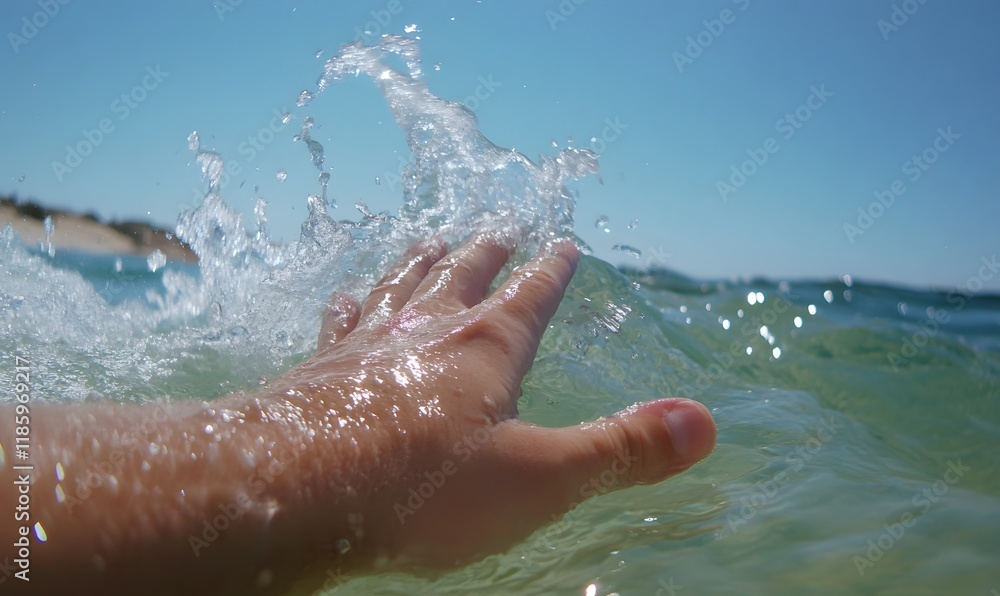 Touching the waves with your hands in the sea, Generative AI Touching the waves with your hands in the sea, Generative AI