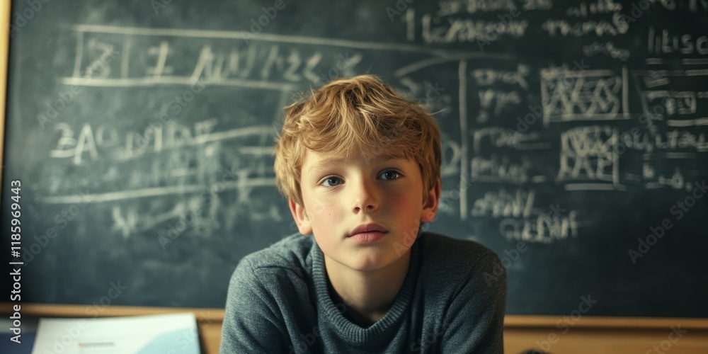 A focused young boy sits in a classroom filled with a chalkboard of notes and calculations. The scene captures curiosity and concentration in a learning environment. AI A focused young boy sits in a classroom filled with a chalkboard of notes and calculations. The scene captures curiosity and concentration in a learning environment. AI