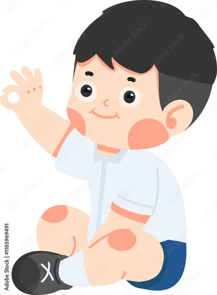 Cute student boy sitting make ok sign Cute student boy sitting make ok sign