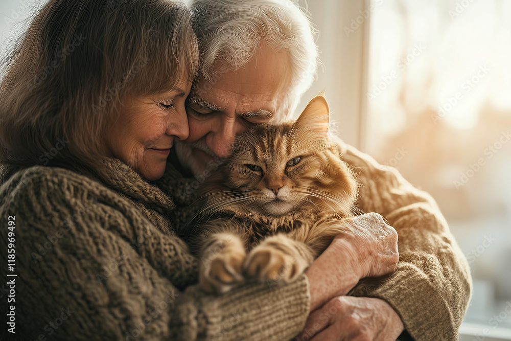 Elderly couple enjoying a quiet afternoon with their cat in a cozy room Elderly couple enjoying a quiet afternoon with their cat in a cozy room