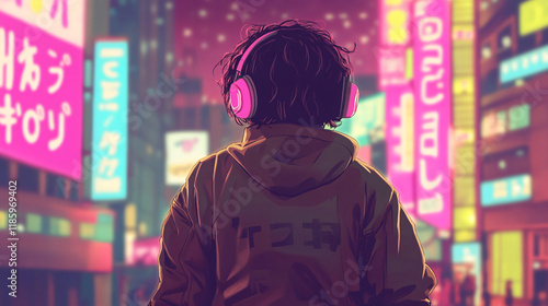 An anime-style boy wearing a hoodie and headphones standing on the rooftop edge, admiring a neon-lit cyberpunk city. Perfect for a desktop wallpaper photo