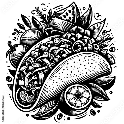 Tacos with Lime engraving vector illustration
