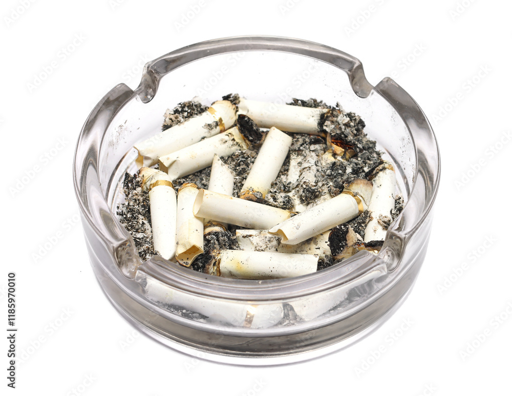 Glass ashtray with cigarette stubs, butts with ash isolated on white background, side view Glass ashtray with cigarette stubs, butts with ash isolated on white background, side view