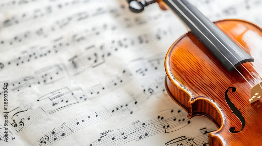 Fototapeta premium Violin rests on sheet music displaying musical notes