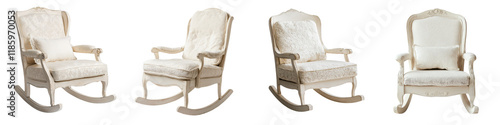 Collection of classic vintage inspired rocking chairs in a warm inviting home setting  Comfortable and elegant furniture pieces that create a cozy relaxing atmosphere in a living room or porch area photo