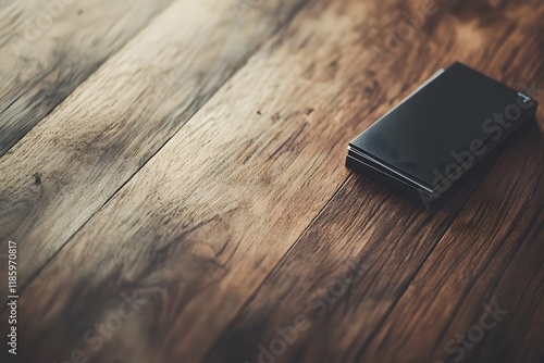 Dark device rests on rustic wood table, sunlit background, product display