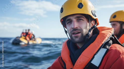 Rescuer at Sea: A focused lifeguard, wearing an orange life vest and yellow helmet, stares intently ahead, his expression a blend of determination and concern. photo