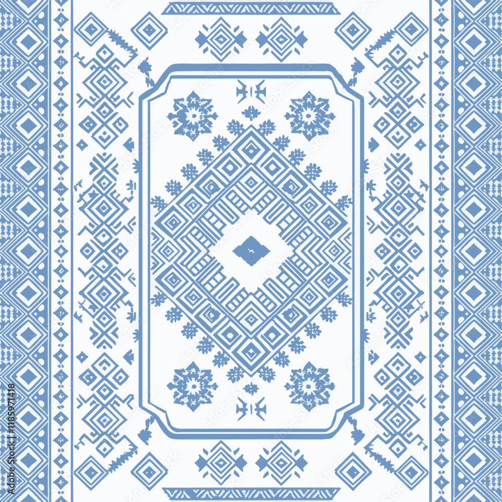 Obraz premium Captivating Snowflake Tapestry: Intricate Geometric Patterns and Symmetrical Motifs Evoke the Enchanting Winter Wonderland of Scandinavian Folk Art