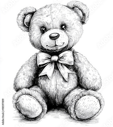A vintage teddy bear with a bow is drawn in an ink-pen style, showcasing charming black-and-white line art on a solid background. Its nostalgic appeal is perfect for decorative projects.