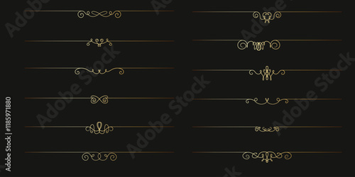 Luxury golden thin lines for text or chapter separation. Vintage gold border dividers set with vintage elegant swirls. Embellish for wedding card, book, magazines, stickers, certificates, diploma.