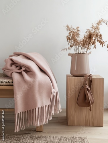 Pink blanket draped on benc...