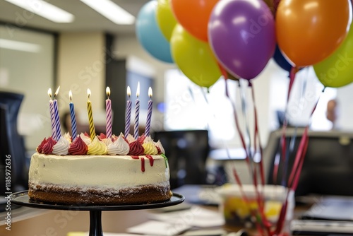 A birthday celebration in the office with balloons and a cake