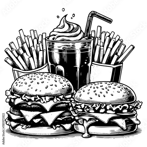 Fast Food Feast engraving vector illustration