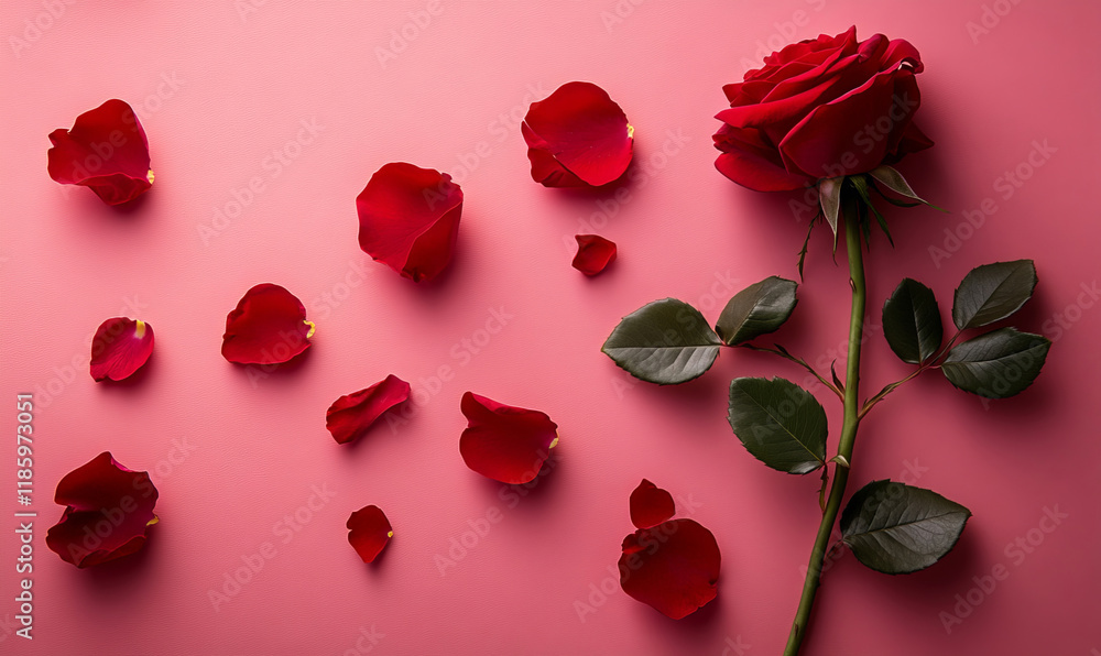Fototapeta premium A single red rose with scattered petals rests on a pink background in a flat lay arrangement. The composition highlights the beauty of the flower, creating a romantic and elegant theme.