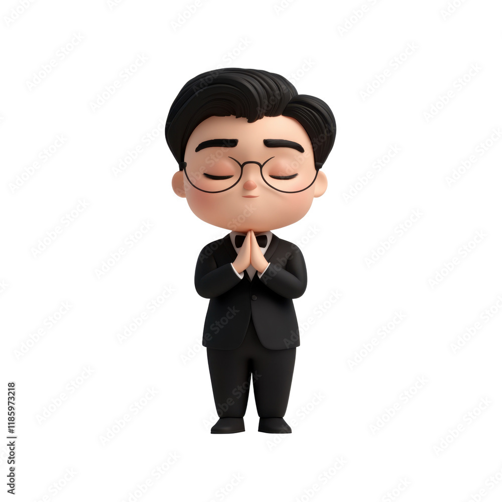 3D cartoon character bowing while wearing a black suit and bow tie, with eyes closed and hands clasped together. Showing a polite and respectful gesture. Isolated on transparent background, png 3D cartoon character bowing while wearing a black suit and bow tie, with eyes closed and hands clasped together. Showing a polite and respectful gesture. Isolated on transparent background, png