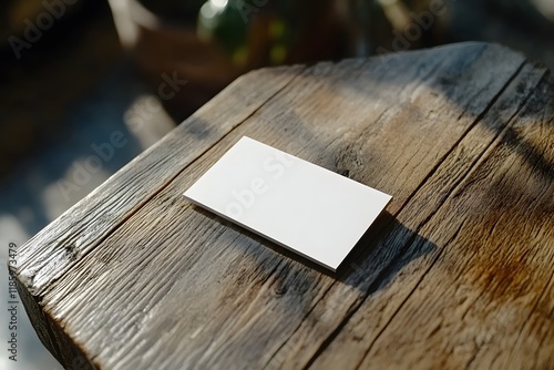 Blank card mockup, wooden table, sunlight, cafe background, branding