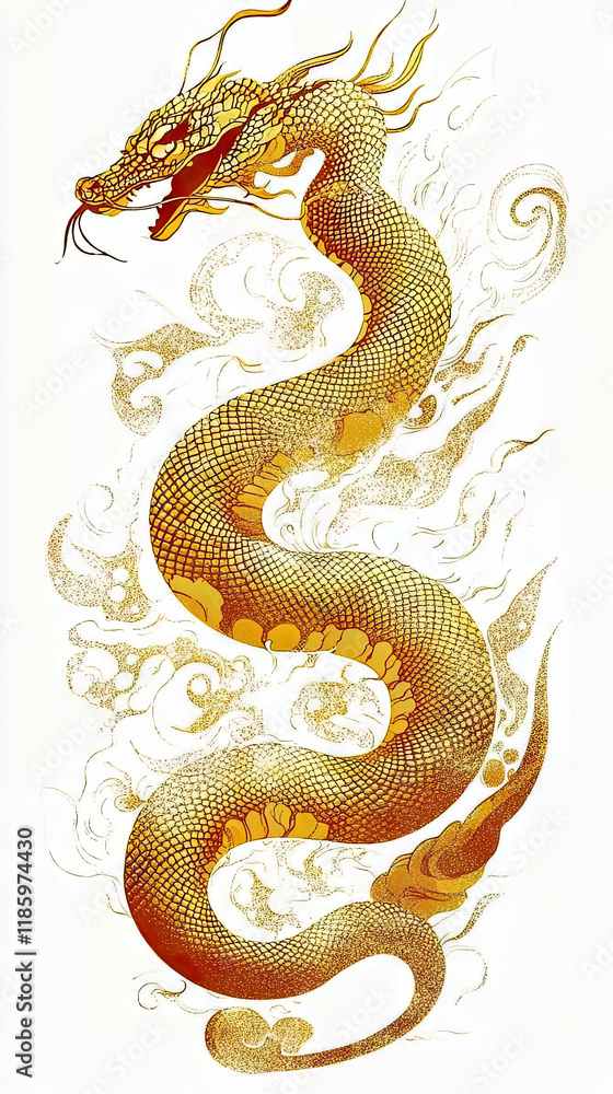Obraz premium Golden Dragon or Golden Snake illustration design, minimalist, graphic design, clear scales, writhing body, white background, gold foil paper brush marks