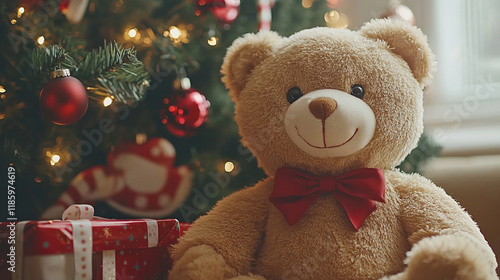 A festive teddy bear nestled by a decorated evergreen tree adorned with Christmas ornaments. This heartwarming holiday scene captures the spirit of joy and seasonal cheer.