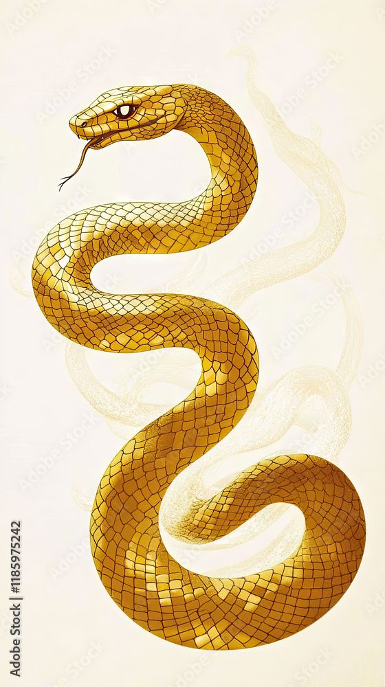 Obraz premium Dragon orSnake illustration design, minimalist, graphic design, clear scales, writhing body, gold foil paper brush marks