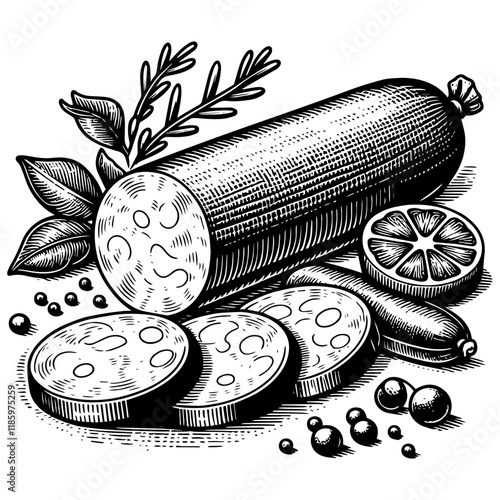 Sliced Salami engraving sketch vector illustration