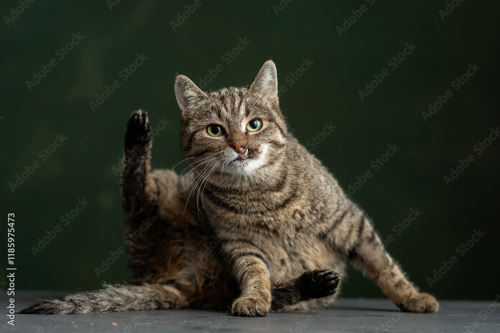 Beautiful and funny rescued cat portrait on a green background.	
