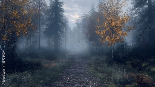 Forest path with tall trees covered in fog, illuminated by soft morning light