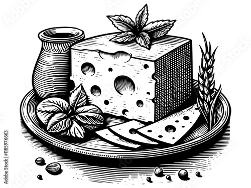 Cheese Platter engraving vector illustration