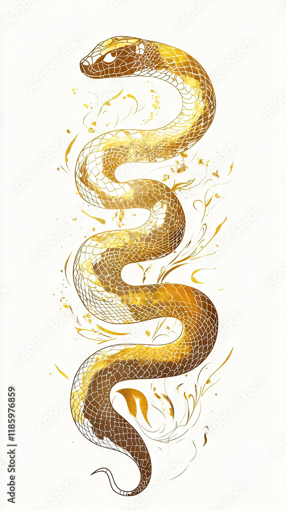 Fototapeta premium Dragon orSnake illustration design, minimalist, graphic design, clear scales, writhing body, gold foil paper brush marks