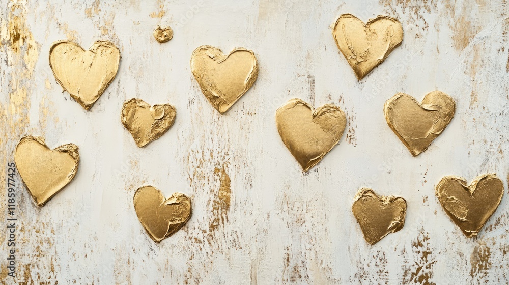 Obraz premium Golden Hearts on White Wooden Background: A Romantic Valentine's Day Abstract